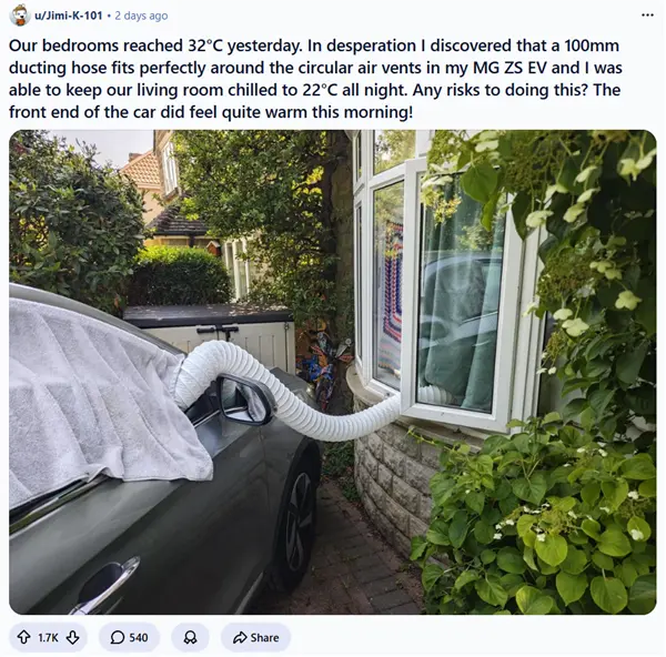 欧洲热爆了！英国车主拿中国名爵电动车救急：一根软管让屋子共享汽车空调