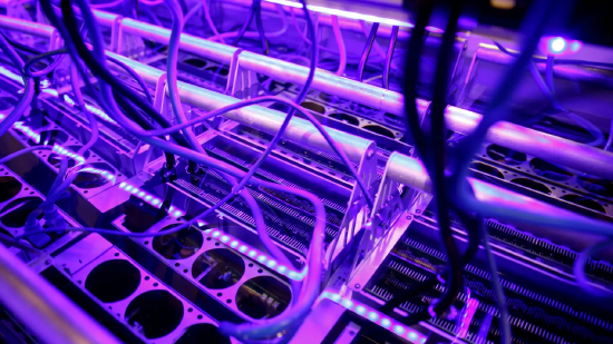 TMG Core 展台的液体浸没式冷却矿槽中的加密货币矿机。